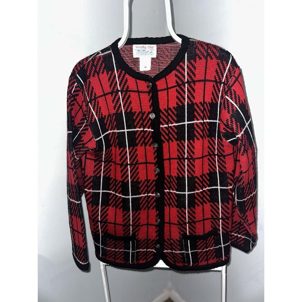 VTG Tally Ho Womens Cardigan Sweater Large Black & Red Plaid Button Christmas
